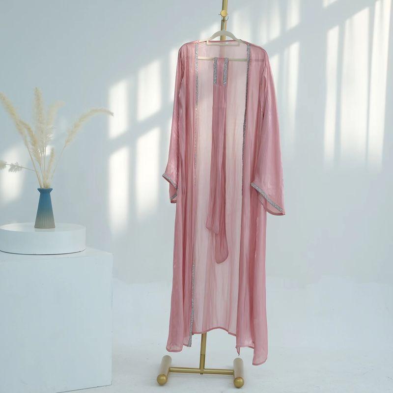 

New Ethnic Style Solid Trim Robe cardigan Dress Ethnic Style Cardigan Dress Pink Cardigan M