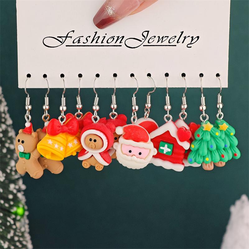 12PCS Sweet Santa Claus Christmas Tree Drop Earrings for Women Cute Cartoon Resin Elk Snowman Drop Earring Party Jewelry Gifts