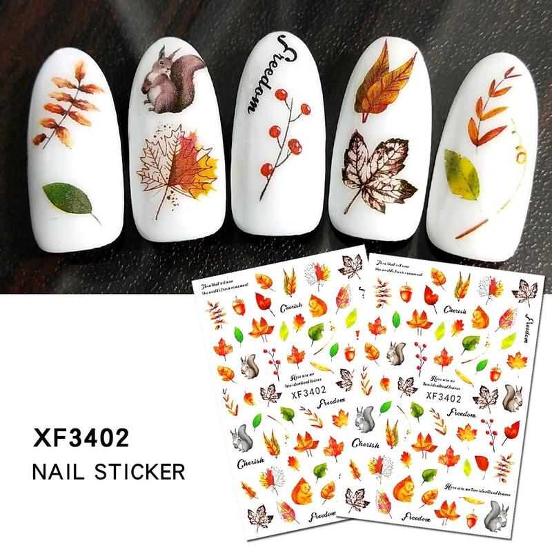 12 Sheet/set 3D Nail Stickers Autumn Winter Maple Leaf Transfer Sliders Paper Nail Decals for Manicures Wraps Tip