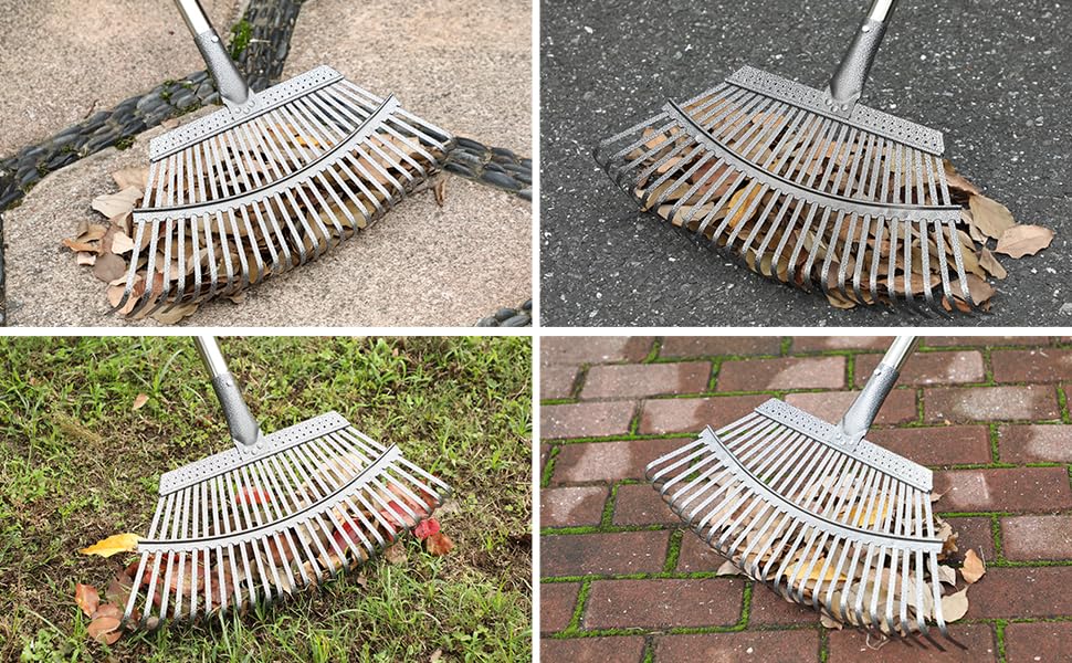 CLEANHOME Garden Rake, 25-Prong Rake, Adjustable Length, 84cm-171cm, Lightweight for Leaf Sweeping, Gardening, Weeding, Lawn, Yard Cleaning (Black)