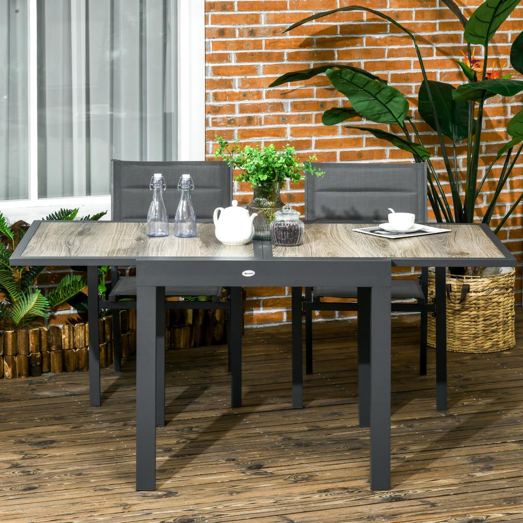 Ausziehbarer Gartentisch, Outdoor-Esstisch für 6 Personen, Rechteckiger Terrassentisch mit Aluminiumrahmen und Tischplatte aus Kunststoff, 80/160L x 80B x 75H cm, Beige