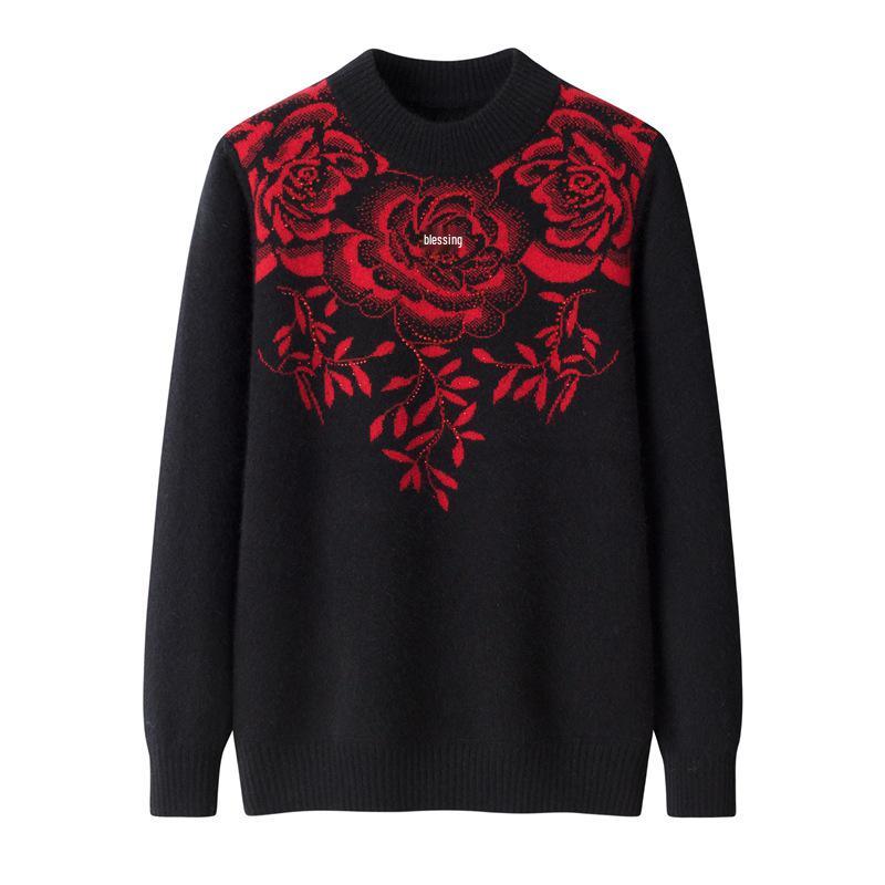 Floral Plus Size Women's Warm Loose Sweater - Round Neck Knitwear for Autumn/Winter