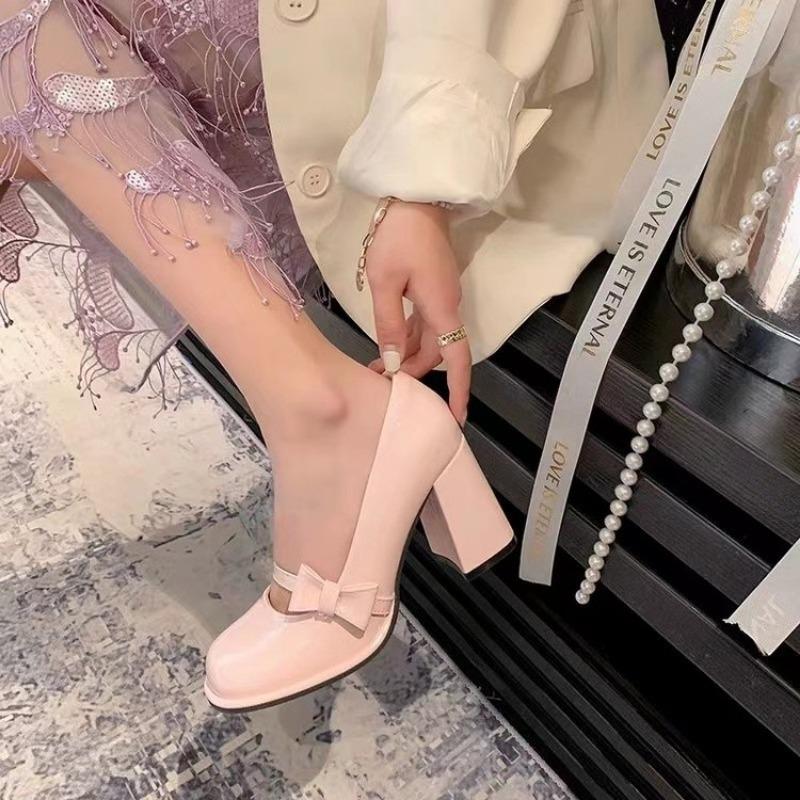 Coarse Heel Shoes Spring New Round Head Shallow Mouth Butterfly Knot Set Foot Waterproof, Non-slip Wear-resistant High Heels