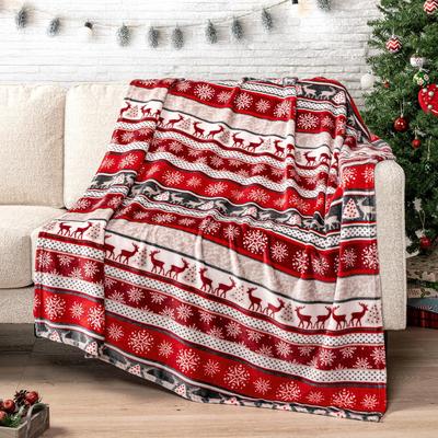Christmas Reindeer Snowflake Striped Flannel Throw Blanket, Red Xmas Pattern Warm Cozy Blanket for Couch Bed Winter Holiday Home Decor