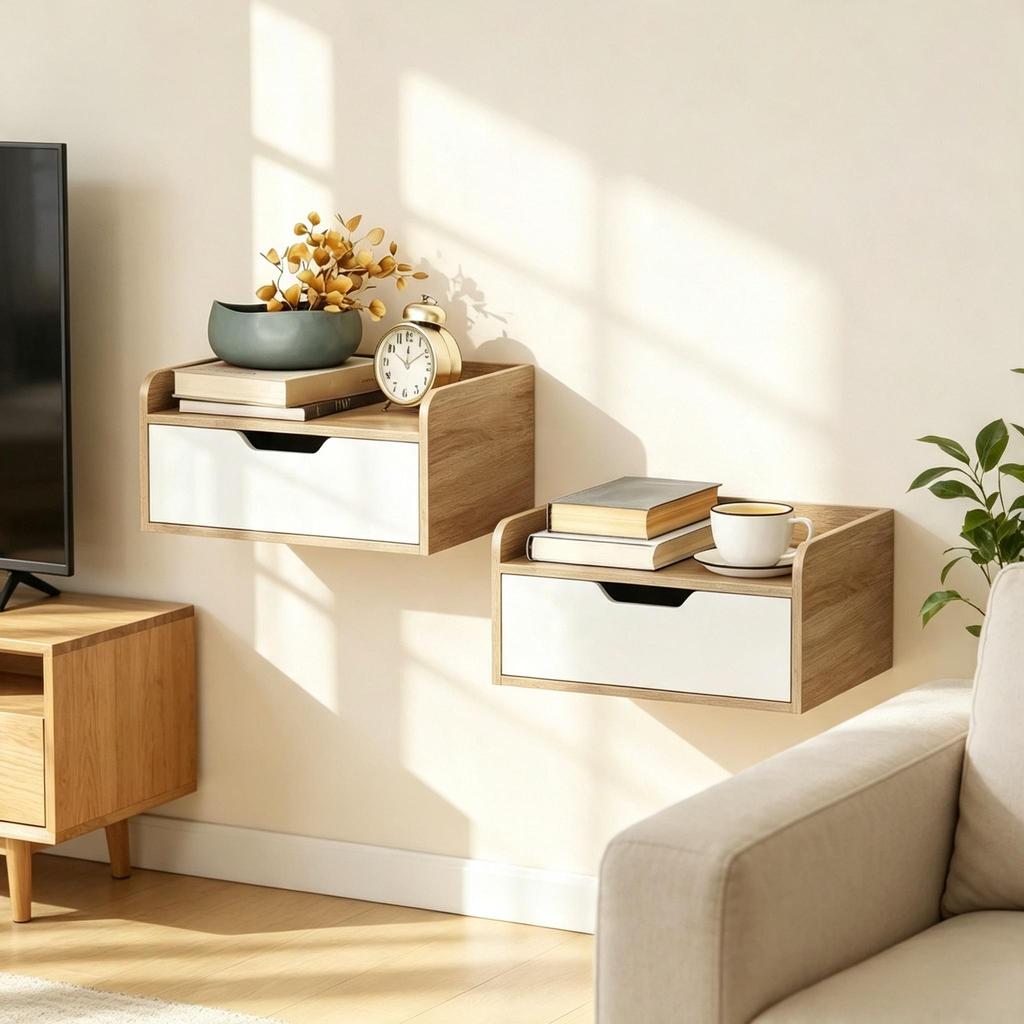 Set of 2 Wall-Mounted Bedside Tables with Drawer, Top with Raised Edges