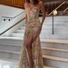 Fashion Sexy Waist Imitation Fishbone Tie-Dyed Sling Dress Women's Autumn Stylish Ruched Floral Print Slit Dress