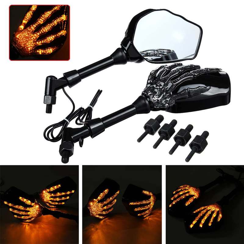 1 Pair Motorcycle Mirror Skeleton View Mirrors Elctric Bright Skull Hand Claw Side Rear  LED Turn Signal Light 8mm 10mm Universal