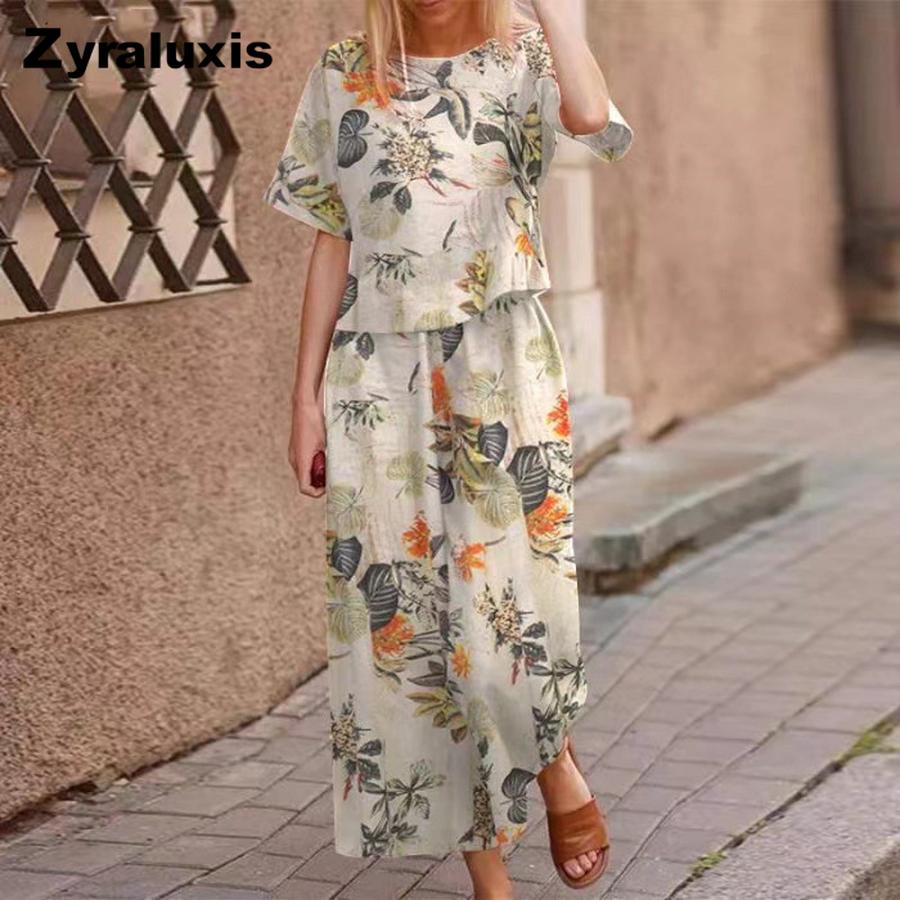 New Women s Printed Cotton Linen Floral Short Sleeve Casual Nine-Nine Pants Set Polyester S светло-зеленый