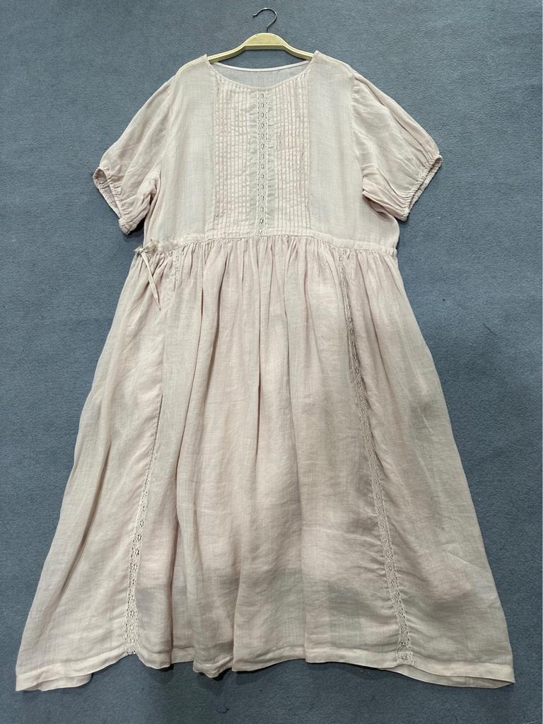 Johnature Japanisches einfarbiges Kurzarmkleid für Damen, Sommer, Spitze, Rundhalsausschnitt, seitliche Krawatte, lässige Vintage-Kleider