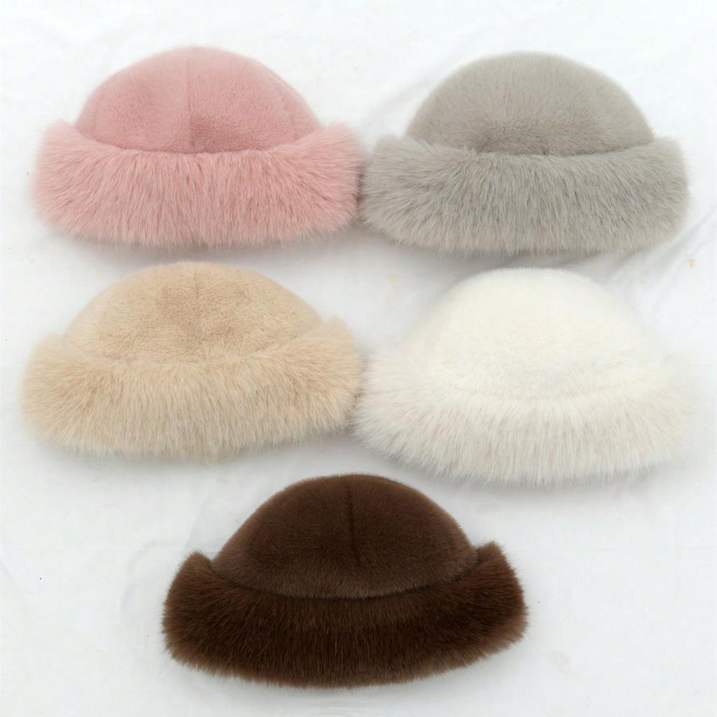 Imitation Fur Hat for Women, Autumn and Winter Plush Fisherman Hat, White, High-end, Adult, Face-slimming, Warm, Ear-protecting