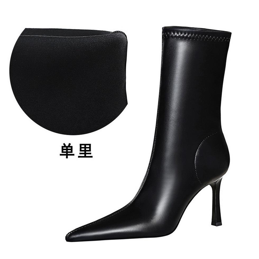 

325-12 Европейские и американские простые на тонком каблуке очень высокие банкетные короткие женские сапоги с острым носком для педикюра тонкие короткие сапоги на высоком каблуке 34