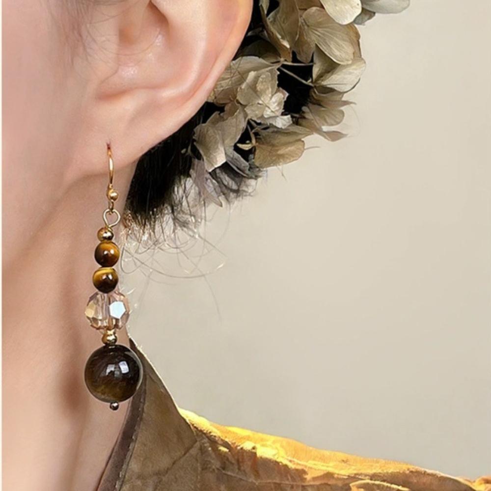 New Chinese-style Melard Colors Tiger-eye Stone Glass Crystal Beaded Dangle Earrings for Women Retro Temperament Jewelry Gifts