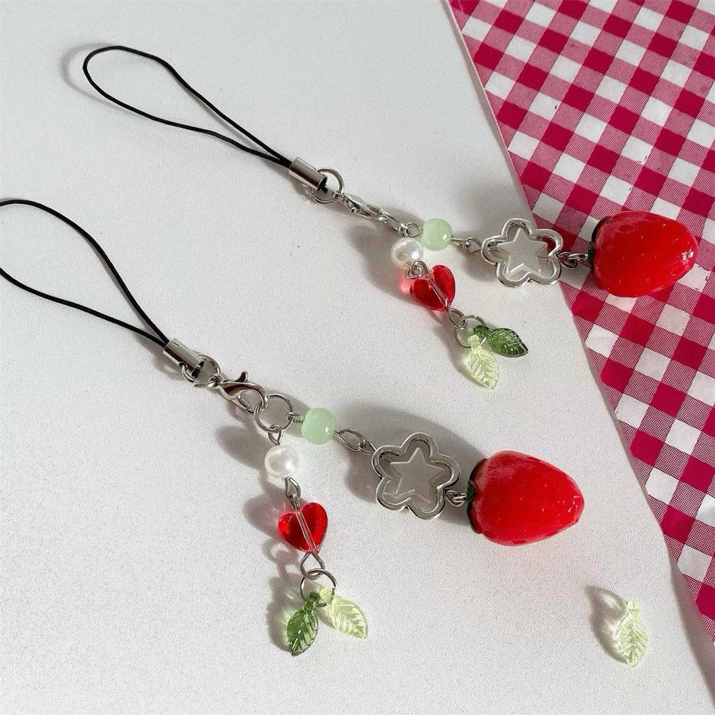 Strawberry Cellphone Chain Colorful Beaded Keychain Handmade Detachable Phone Lanyard Pendant Ornament for Wallet Bag