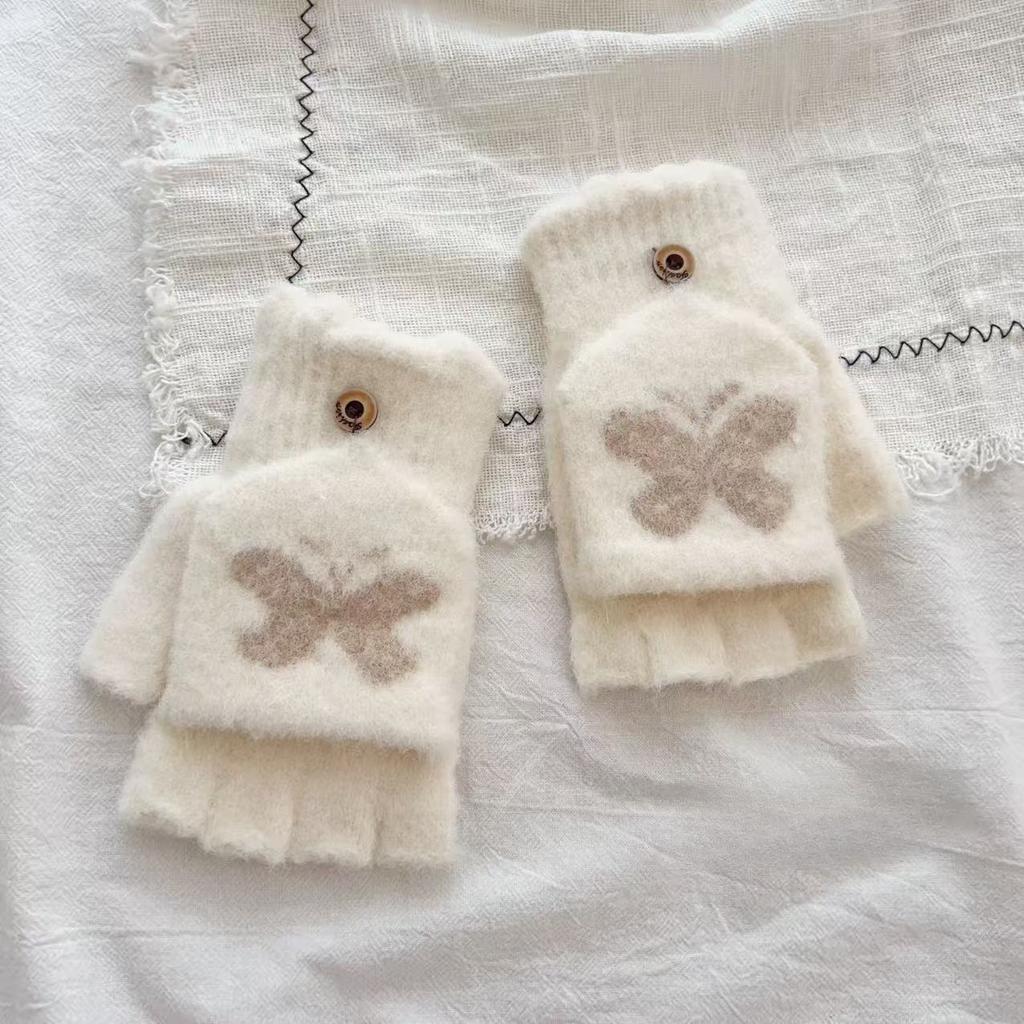Bow Flip Knitted Gloves New Plush Thickened Cold Proof and Warm Student Fingerless Versatile Cartoon Trend