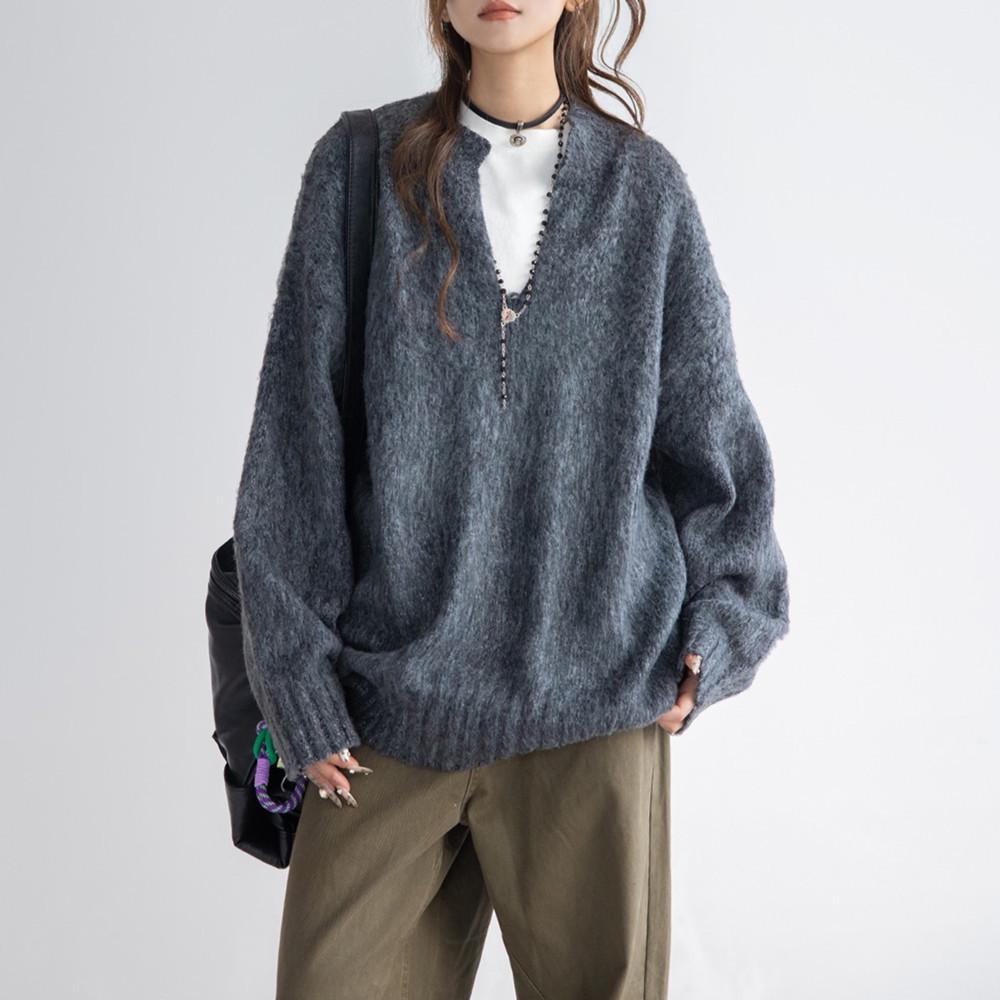 

Unisex Trendy Mohair V-Neck Sweater: New Autumn/Winter, Loose Fit, Lazy Style Pullover XXL