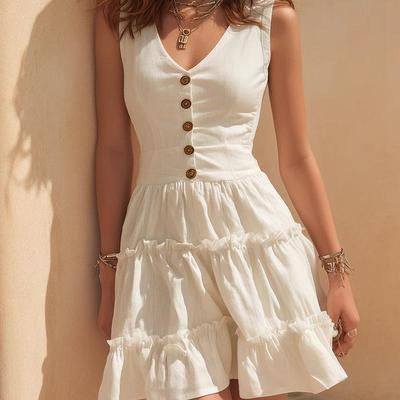 Women's V Neck Mini Dress Sleeveless Button Front Tiered Ruffle Fit and Flare Dress