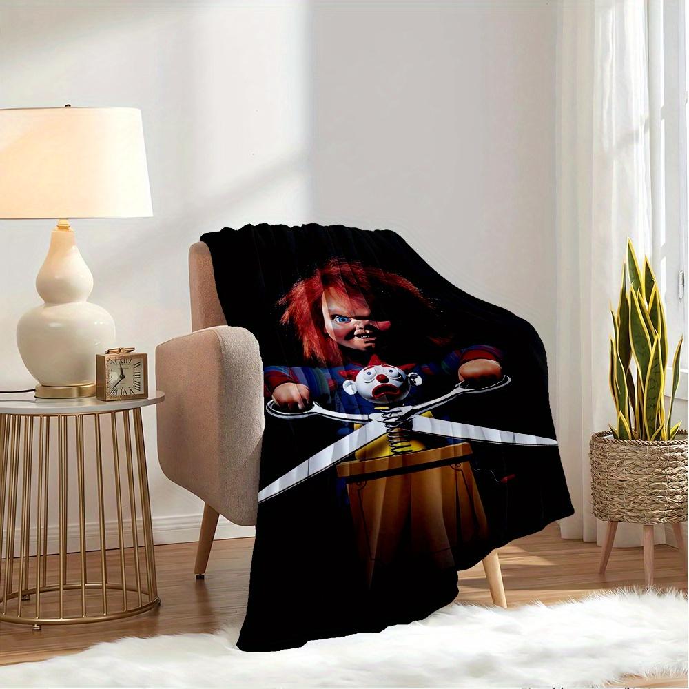 For Chucky,Horror Doll,Scissors-Themed Flannel Blanket, Glam Style, Digital Print, All-Season Comfort, Tear-Resistant, Knitted Craftsmanship