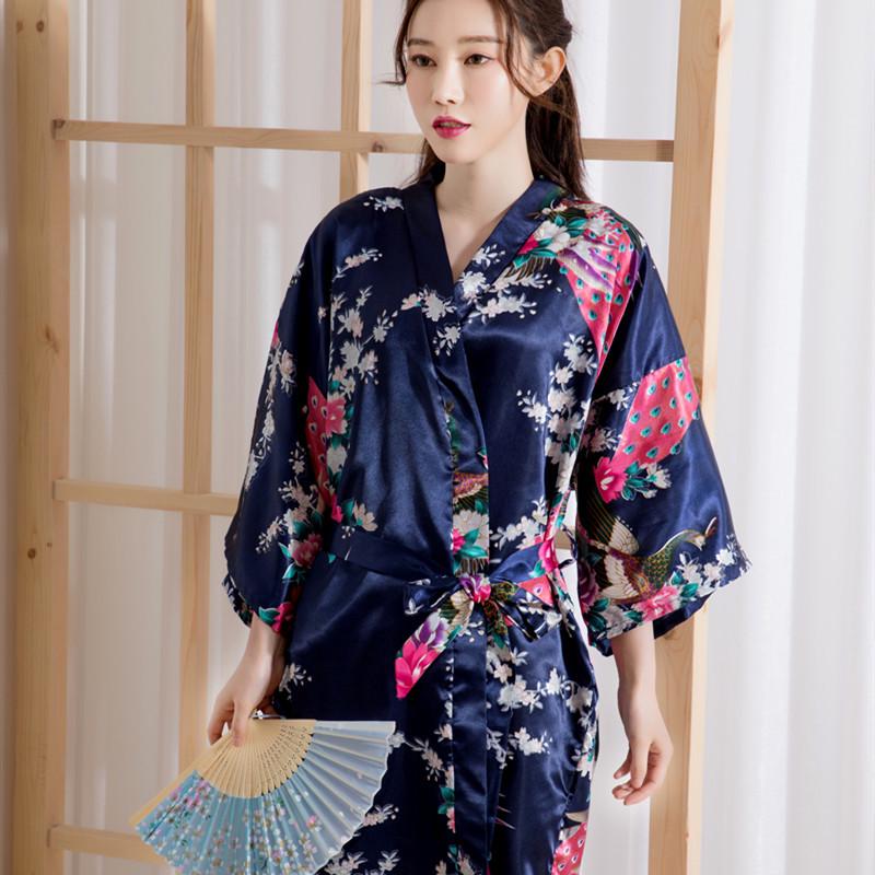 Women's Japanese-Style Satin Kimono Bathrobe with Peacock Design