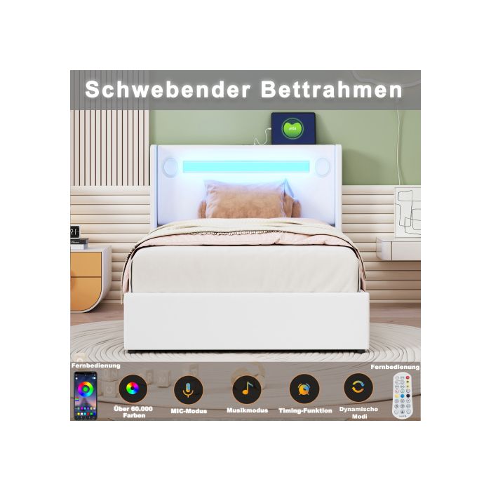 Lit D'enfant - MUVOE - 90x200 - Bluetooth - LED - Rangement Hydraulique