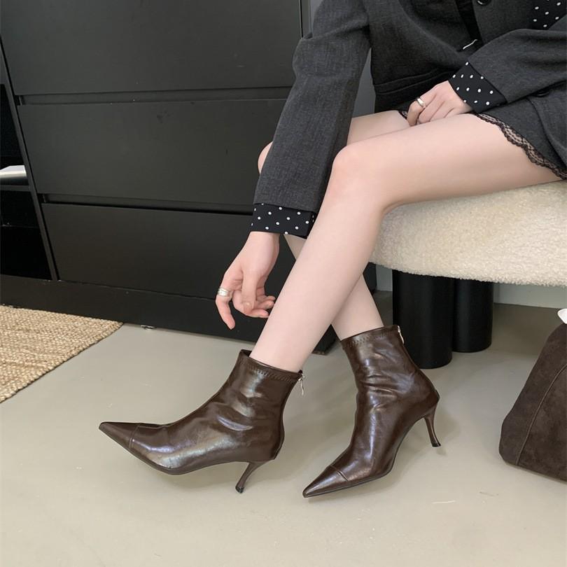 Splicing pointed short tube thin boots women's thin heel 2025 new high heel rear zipper Korean small bare boots Martin boots