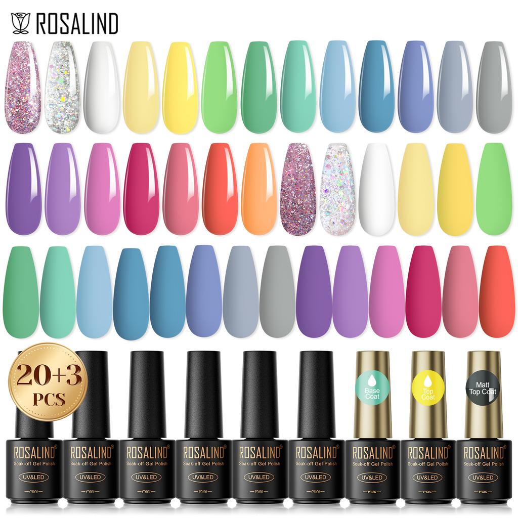 ROSALIND Black Glass Bottle 23pcs Gel Nail Polish Summer Glitter Series Varnish Hybrid Gel Lacquer Long Lasting Base Top Coat Gel