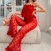Womens Sheer Mesh Heart-Print Bodysuit With Matching Panty Set - Red S To XXL