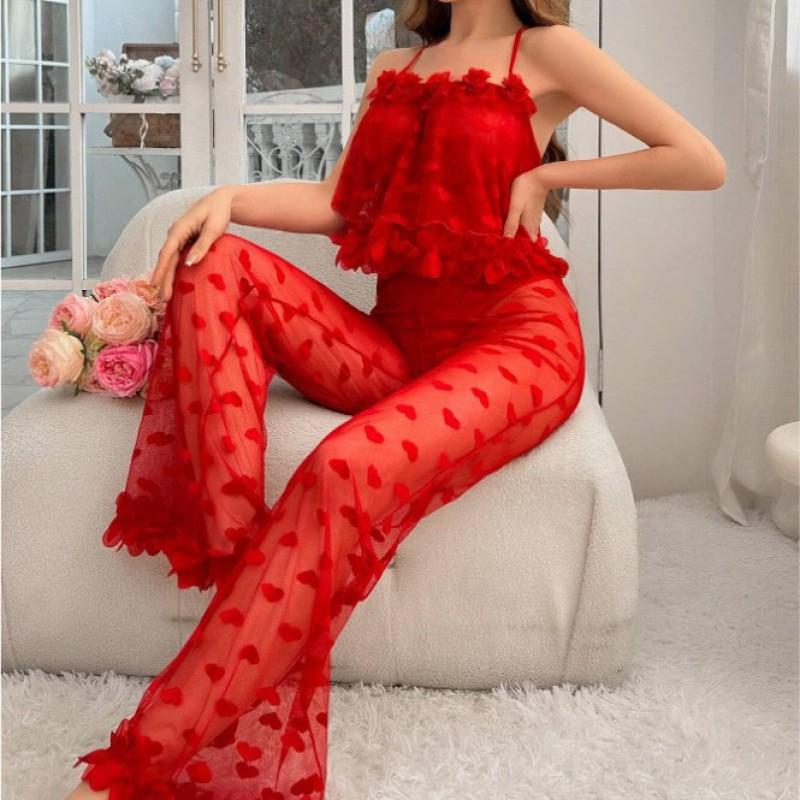 Womens Sheer Mesh Heart-Print Bodysuit With Matching Panty Set - Red S To XXL
