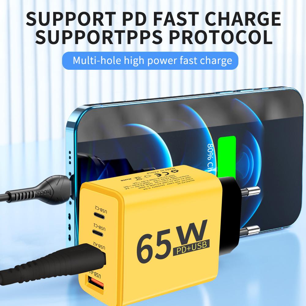 PD Total 65W Quick Charge 3.0 USB 4 Ports Fast Charging Wall Charger Adapter For For iPhone15 Samsung  Xiaomi US/EU Plug