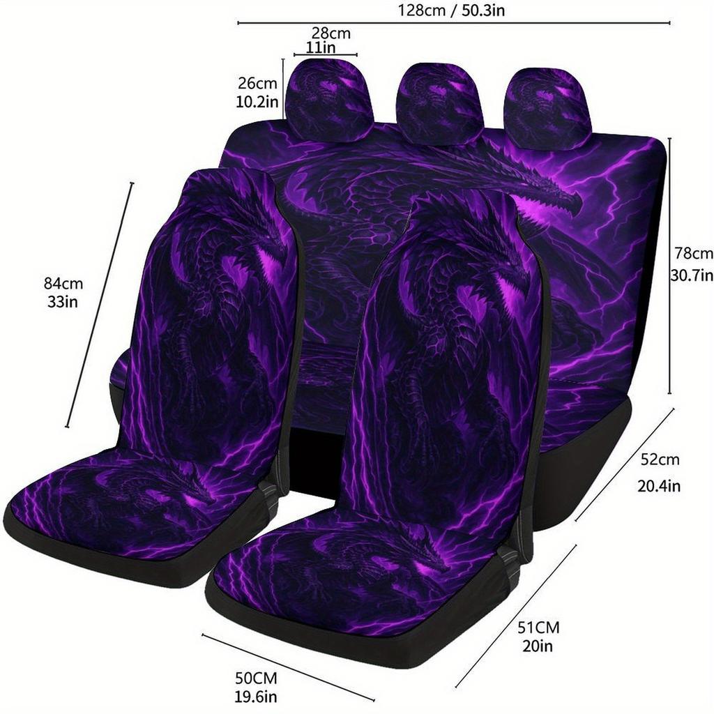 Purple Dragon Aura Themed Car Seat Cover Set For Most Cars, Decorative Trendy High-Quality Car Seat Protector Covers Full Set, U