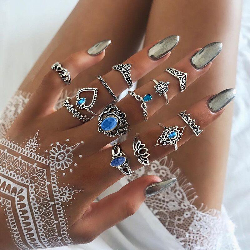 4pcs/set Antique Silver Color Vintage Bohemia Ring Set Rose Flower Rings for Women Charm Bohemia Floral Knuckle Ring