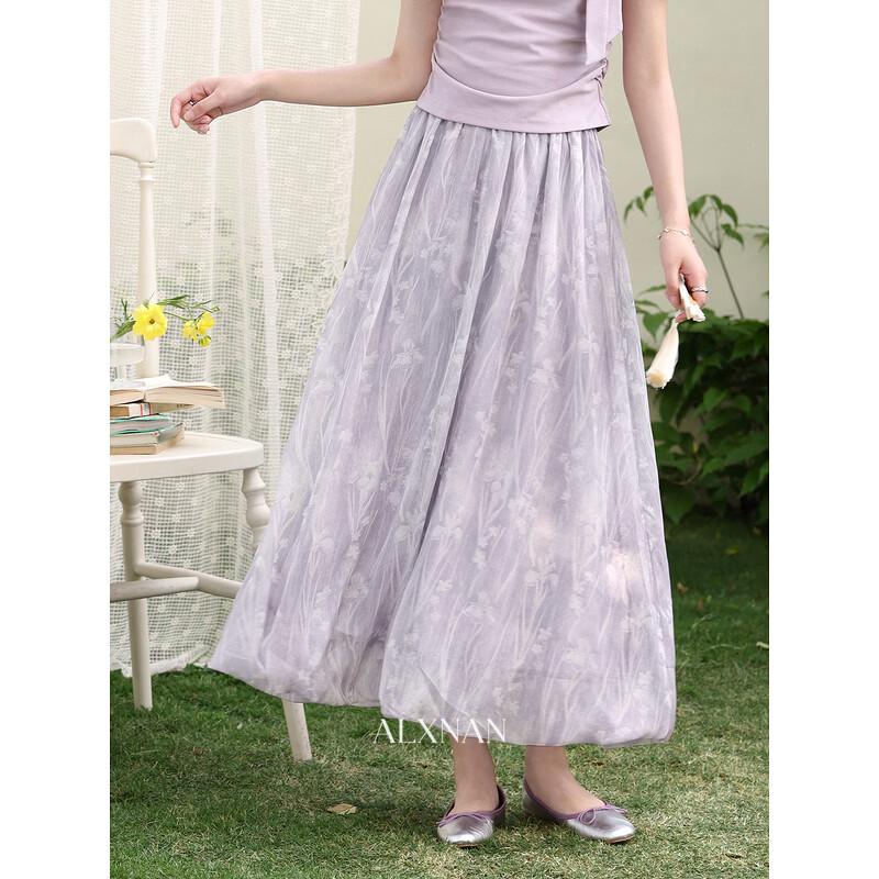 Lu Xiangnan French Style Purple Floral Midi Skirt M
