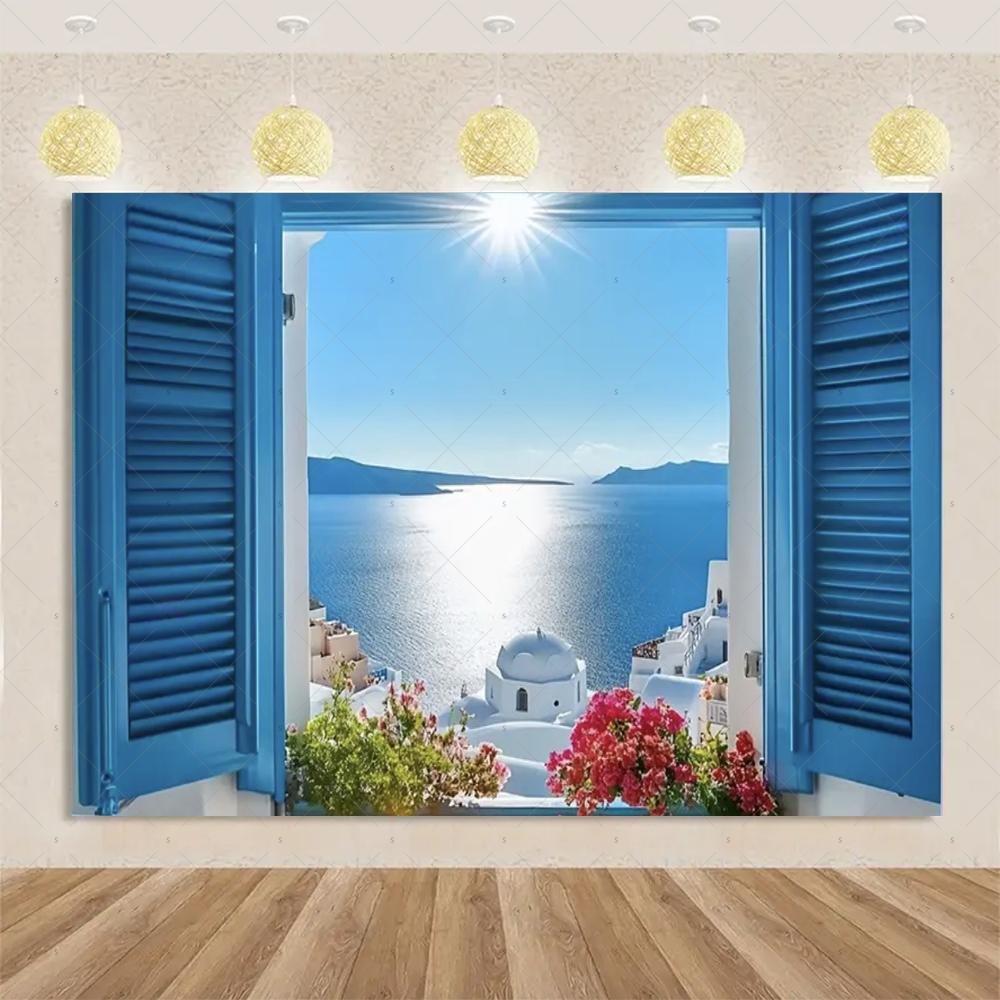 Nordische Griechische Landschaft Hausparty Dekorationen Inselstadt Santorin Blaue Kuppel Kirche Ägäis von Santorin Fotografie Hintergrund