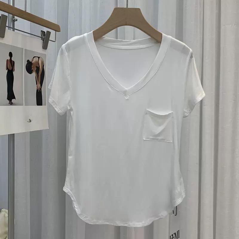 Sommer-T-Shirt aus Modal-Baumwolle mit drapiertem Schlüsselbein für Damen, lockeres, mittellanges Basishemd im koreanischen Stil, kurzärmeliges, lässiges Oberteil mit V-Ausschnitt