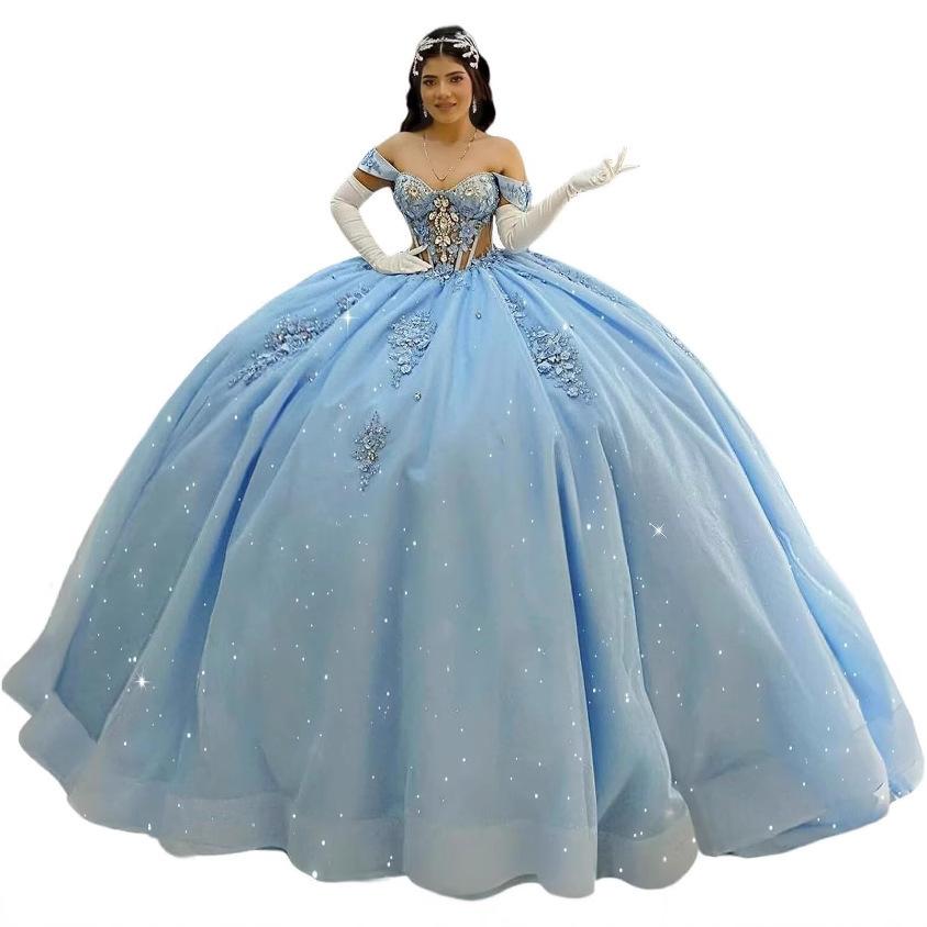 One Shoulder Wedding Dress Large Skirt Trailing Blue Sequin Evening Dress Bar Mitzvah Princess Dress