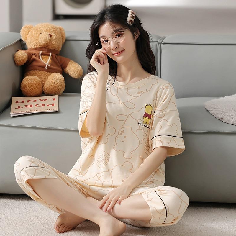Women's Summer Korean-Style Cotton Cropped Pajamas with Split Sleeves - Cute, Versatile Two-Piece Set for Home or Outdoor Wear.