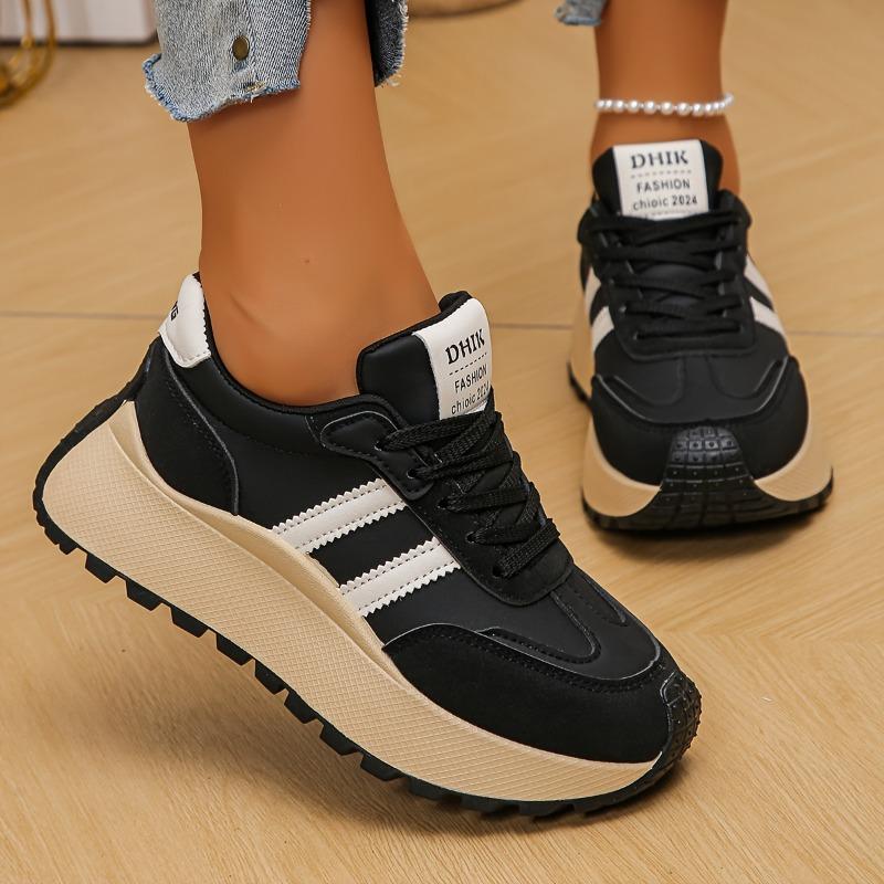 Women's Low-Top Sneakers - White & Beige Lace-Up Shoes, Synthetic Cover Upper, Cushioned Rubber Sole for Everyday & Formal Outfits - Fall Shoes