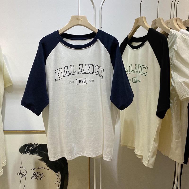 

Женская летняя хлопковая футболка 2024 года с рукавами реглан и буквенным принтом M