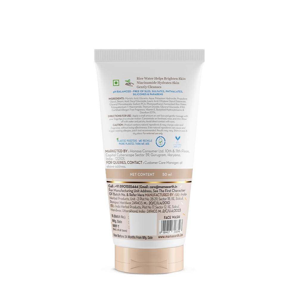 Mamaearth Rice Face Wash For Glowing Hydrated Glass Skin With Niacinamide & Rice Water | Gentle Cleanser For All Skin Types | 50ml Pack Of 1
