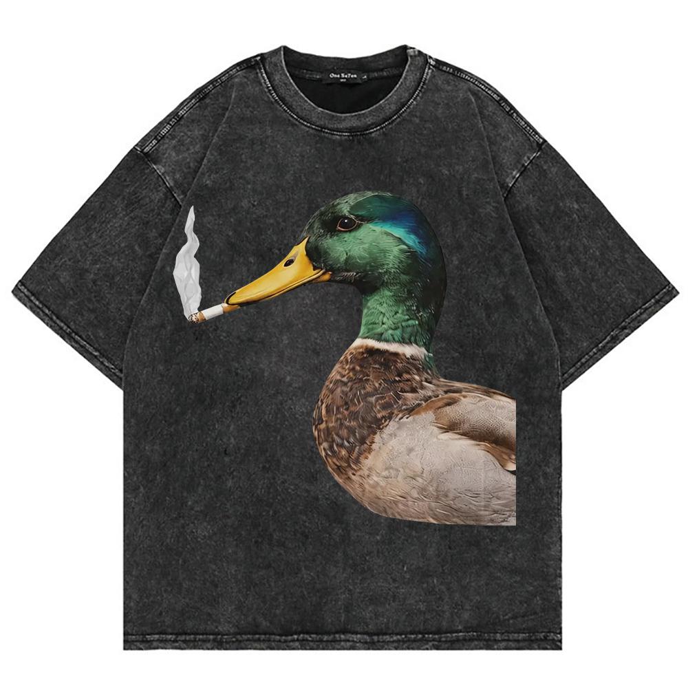 Cotton Vintage Washed YK Funny Smoking Duck Tshirt Fashion MenWomen Retro Cool Meme Oversize Loose Acid Wash Tees Shirts