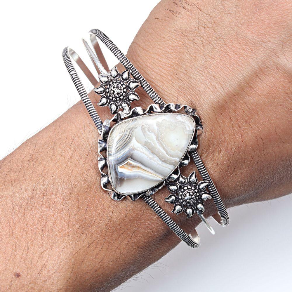 Crazy Lace Agate Gemstone Handmade Silver Jewelry Cuff Bracelets 7''Adjustable