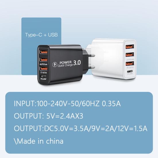 Adattatore di Alimentazione 30W Multi Porte Ignifugo Ricarica Stabile Spina USA/UE 3 USB PD Tipo-C Caricabatterie da Viaggio per Telefono Cellulare Accessori per Cellulare