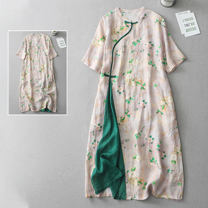 2026 New Style Floral Cotton Linen Cheongsam Dress - Plus Size Slimming & Tummy Concealing Long Skirt