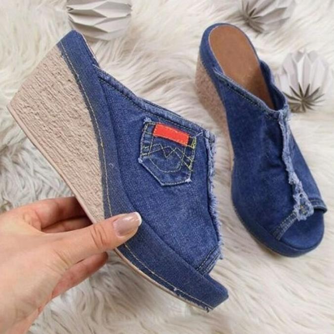 Dámské Slope Boty na podpatku Velká velikost 35-45 Sandál Pantofle Letní modely Denim Slope Pantofle Fish Mouth Neformální dámská obuv
