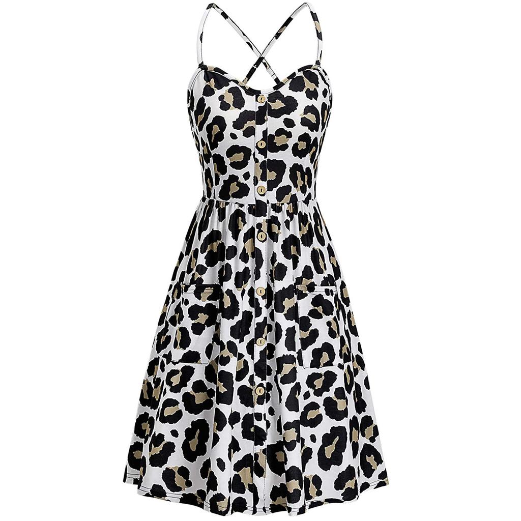 Fashion Women's Print Casual V-neck Sleeveless Button Suspender Dress