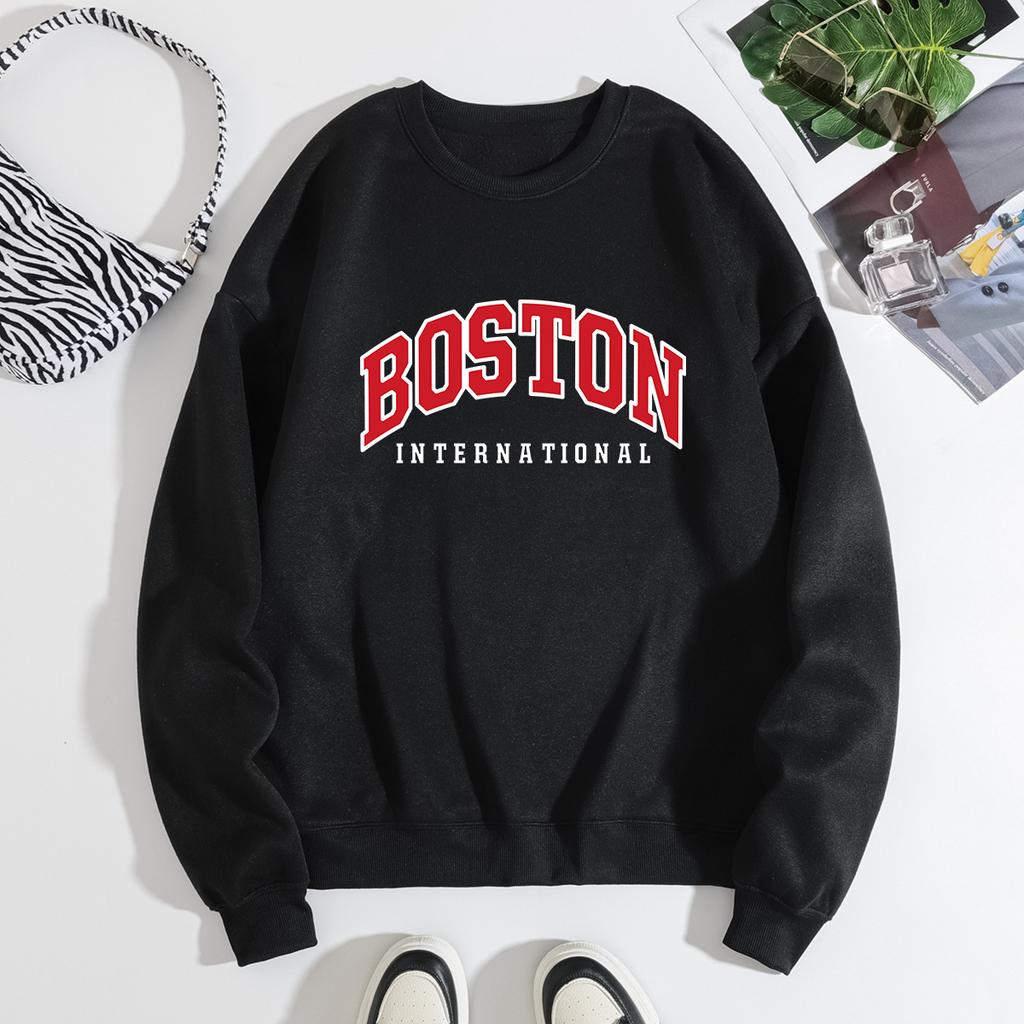 Autumn Letter "Boston International" Printed Hoodies Fashionable Casual Classic Sports Long Sleeved Women's Hoodies