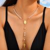 Imitation Pearl Beaded Chain Holy Virgin Mary Y-Shaped Necklace, Stainless Steel Cross Pendant Necklace,Religious Prayer Jewelry
