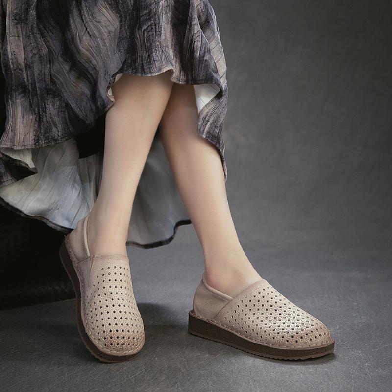 2026 Spring New Hollow Out Ventilated Slip On Soft Sole First Layer Cowhide Women Shoes