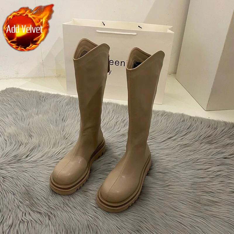 Fashion Solid Color Fleece-Lined Women's Long Boots Autumn Winter Comfortable and Elegant Trend 2025 Pu Hot Ladies Knee High Shaft Shoes
