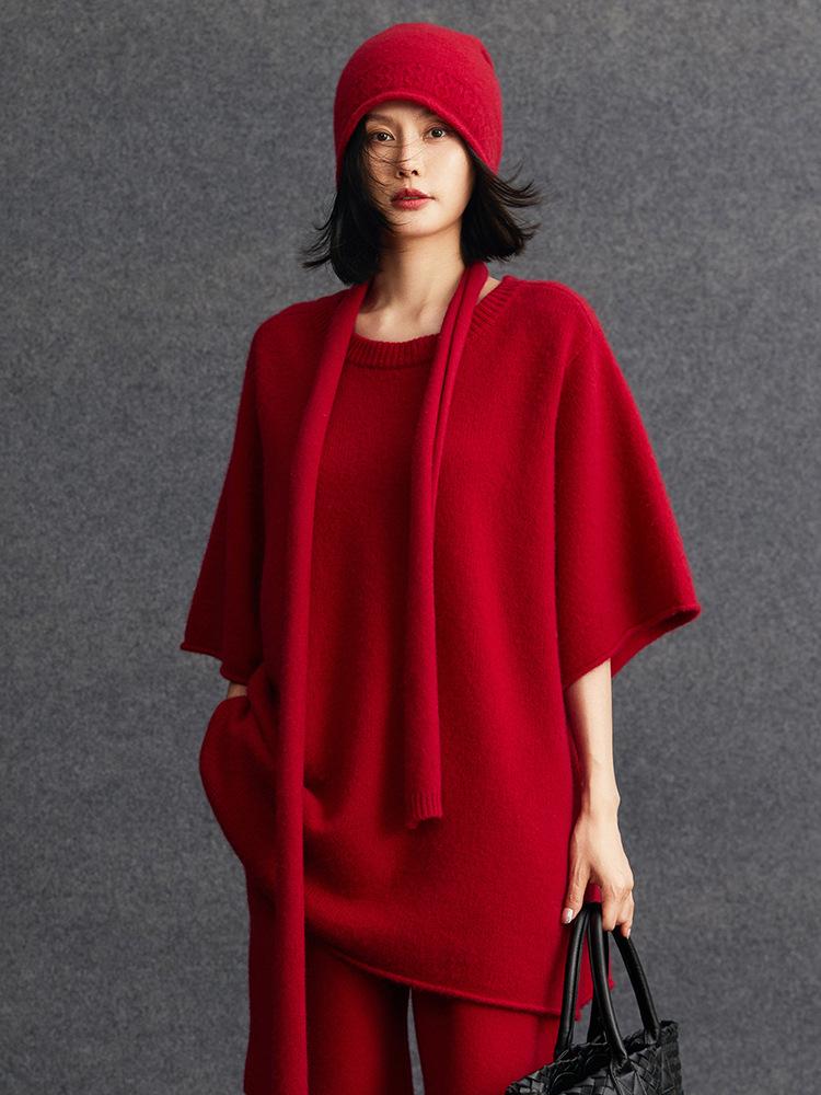 Damen Kaschmir Pullover mit Rundhalsausschnitt - Winter 2026, Mittellang, Fünf-Punkt-Ärmel, Sanfter Stil, Lockere Passform, Schlankmachende Strickware.