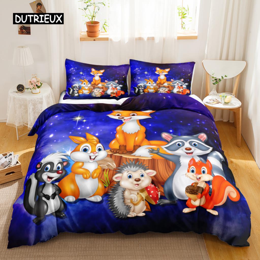 Fox Duvet Cover Set Kids Cartoon Fox Comforter Cover Cute Orange Wildlife Duvet Cover for Boys Animal Twin Polyester Bedding Set